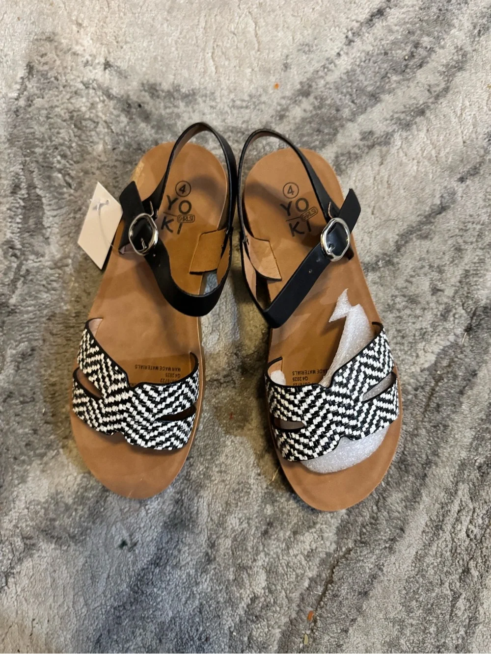 Yoki Black & White Woven Front Strap Sandals with Black Ankle Buckle